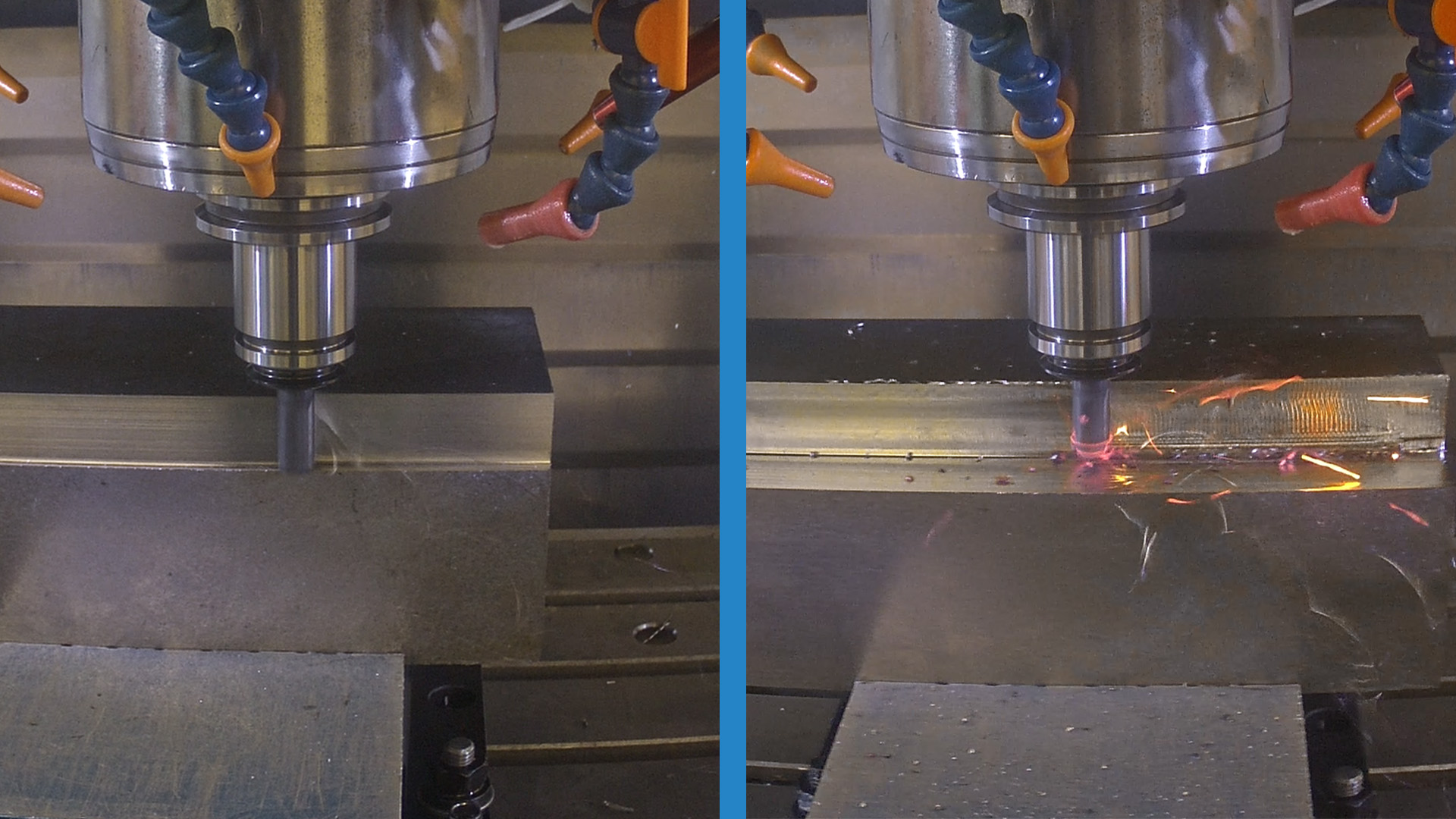 Left image CNC Machine spindle speed and feed is set correctly while right is set wrong generating heat