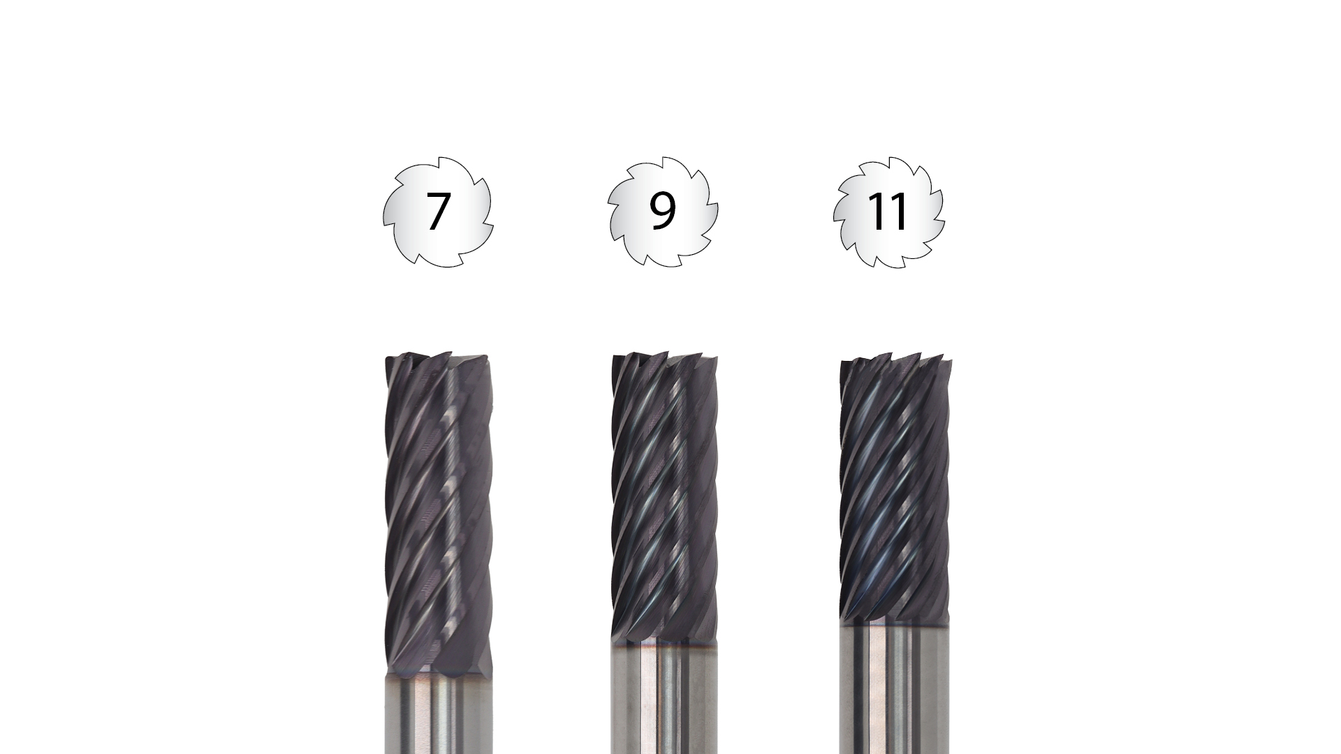 three multi-carb end mills with their odd flute counts