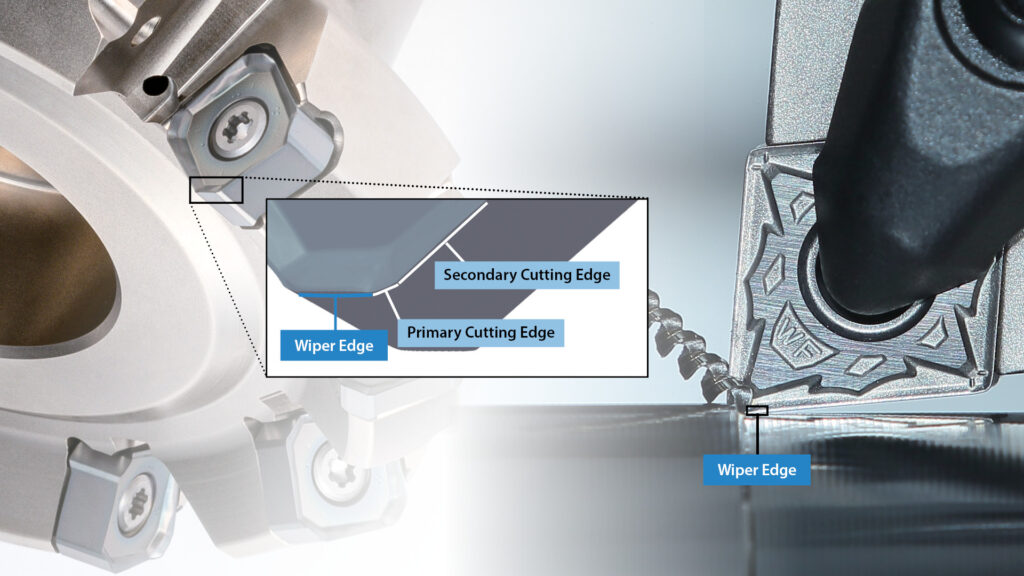 Graphic showing wiper flat behind primary cutting end of a indexable milling and turning inserts